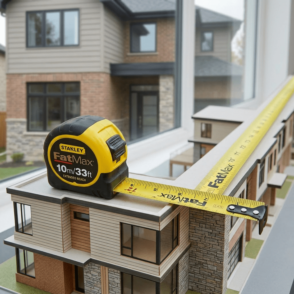 Hand holding Stanley FatMax tape measure extended along a wooden beam.